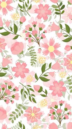 pink flowers and green leaves are on a white background with yellow, orange, and red accents