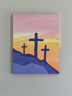 a painting of three crosses on top of a hill with the sun setting in the background