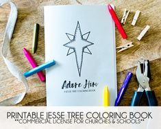 an adult coloring book surrounded by crayons and colored pencils with the title printable less tree coloring book