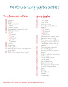 the ultimate party supplies checklist is shown in this printable list for adults and children