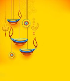 three hanging bowls with designs on them against a bright yellow background for diwaling