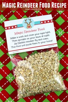 a bag of magic reindeer food on top of a green and red checkered table cloth