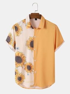 Sunflower Print Patchwork Lapel Holiday Short Sleeve Shirts Easy 30 day return policy What To Print On A T-shirt, Colorful Shirts Men, Fancy Clothes Men, Fun Button Up Shirt, Sunflower Dress, Sunflower Shirt, Fashionable Clothes, Short Sleeve Shirts