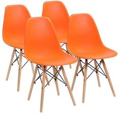 four orange plastic chairs with wooden legs and color swatches on each chair, set of 4