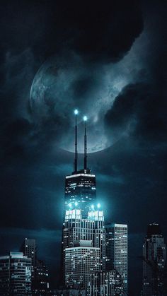 an image of a city at night with the moon in the sky and clouds above it