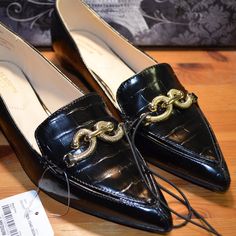 Stunning Shoes For Fabulous Occasions! Has 1/2" Block Heel. Beautiful Gold Hardware Compliments Black Shine. Loafer Styled Pointed Toe. 2 Block, Stunning Shoes, Flats Patterns, Loafers Style, Liz Claiborne, Flat Shoes Women, Gold Hardware, Loafer Flats, Block Heels