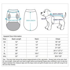 the size and measurements for a dog's shorts, which are available in sizes ranging from small to large