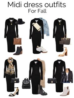 Style Black Dress For Work, Bodycon Knit Dress Outfit, Long Sleeve Black Midi Dress Outfit, Long Black Long Sleeve Dress Outfit, Knitted Dress Outfit Autumn, Autumn Black Dress, Autumn Midi Dress Outfit, Winter Long Dress Outfit Casual, Long Black Fitted Dress Outfit