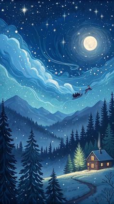 a painting of a cabin in the woods at night with stars and snow falling from the sky