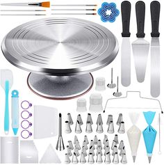 an assortment of kitchen gadgets and utensils are shown in this image, including cake decorating tools