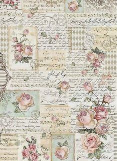 an old fashioned paper with roses and letters on the front, in pastel colors