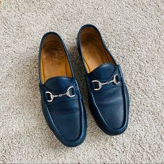 Gucci Navy Blue Genuine Pebbled Leather Loafer With Silver Horse Bit Size 7 Good Used Condition Shows Signs Of Wear Comes As Is, No Box Kept In A Clean, Smoke-Free, Pet-Free Environment Navy Gucci Loafers, Gucci Loafer Blue, Shoes Gucci, Silver Horse, Horse Bits, Gucci Shoes, Leather Loafers, Loafer Shoes, Pebbled Leather