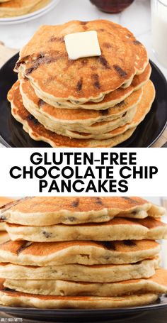 gluten - free chocolate chip pancakes on a black plate with the words gluten - free chocolate chip pancakes