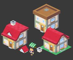 three small houses with red roofs and one has a flag on the roof, while another is standing in front of it