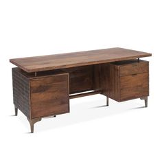 a wooden desk with two drawers underneath it