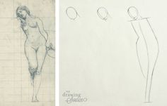 two drawings of women in different poses, one is drawn on paper and the other has graphite