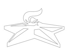 the star logo is shown in black and white, with an orange flame coming out of it