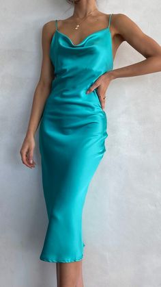 Jewels Midi Dress - Turquoise - Buy Women's Dresses - Billy J Turquoise Dress Outfit, Turquoise Color Dress, Turquoise Midi Dress, Satin Dress Outfit, Turquoise Blue Dress, Turquoise Prom Dresses, Silk Formal Dress, Turquoise Clothes, Midi Prom Dress