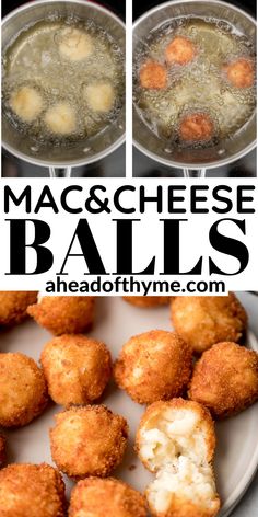 three pictures showing how to make mac and cheese balls