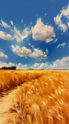 a painting of a wheat field with clouds in the sky