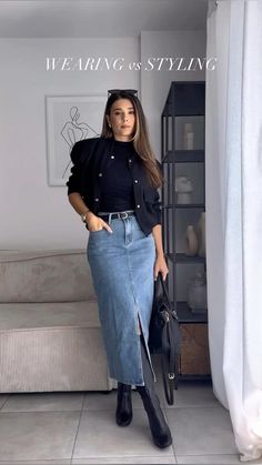 #denimskirt #style #outfits #denimskirt Chique Outfit, Modest Casual Outfits, Stylish Winter Outfits, Winter Fashion Outfits Casual, Chique Outfits, Maxi Skirt Outfits, Everyday Fashion Outfits