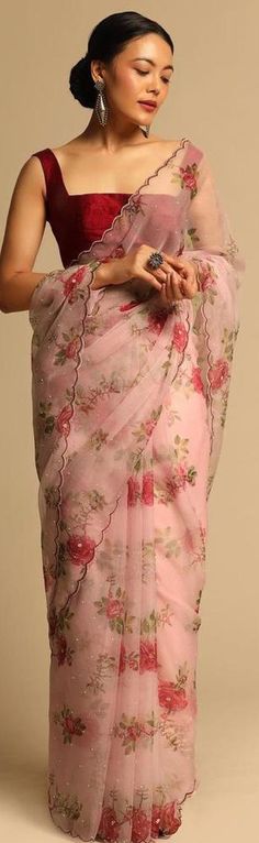 Polka Dot Saree, Baby Pink Saree, Floral Sarees, Simple Saree Designs, Kalki Fashion, Indian Designer Sarees, Organza Silk Saree, Simple Sarees, Indian Sarees Online