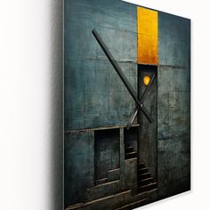 an abstract painting with stairs leading up to a yellow light on the wall above it