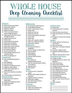 the whole house deep cleaning checklist is shown in blue and white with words above it