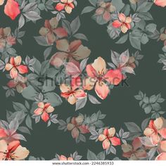 an abstract floral pattern with pink flowers and green leaves on a dark background - stock photo