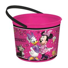 a pink minnie mouse lunch pail with mickey and friends characters on it's side