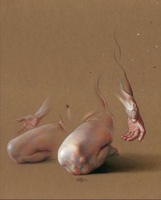 a painting of two hands reaching for something on the ground