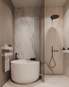 a bathroom with marble walls and flooring, including a bathtub in the middle