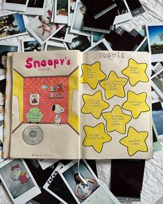 an open book sitting on top of a bed covered in pictures and photos with the title snoop's house