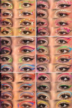 Fun Graphic Liner Makeup, Colored Eyeliner Ideas, Fun Graphic Eyeliner, Experimental Makeup Looks, Fun Makeup Ideas Colorful Easy, Rave Glitter Makeup, Subtle Graphic Liner, Funky Eyeliner Looks, Doja Cat Concert Outfit Ideas