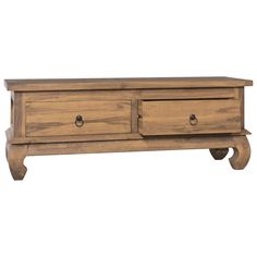 a wooden dresser with two drawers on one side and an open drawer on the other