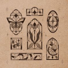 an old fashioned stained glass window with different shapes and designs on the front, side, and back