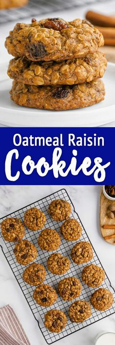 oatmeal raisin cookies stacked on top of each other with text overlay