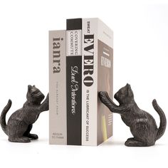 two bookends made to look like cats sitting next to each other in front of a box