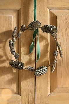 a pine cone wreath hanging on the front door with green ribbon and pine cones attached to it