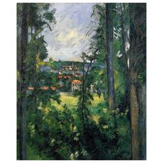 a painting of trees and houses in the distance