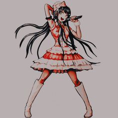 a drawing of a girl with long black hair holding a microphone in her hand and wearing a red dress