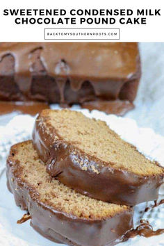 two pieces of chocolate covered pound cake on a plate