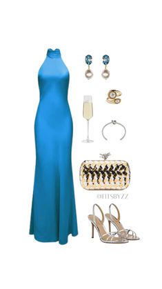 a blue dress and accessories are on display