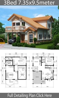 two story house plan with 3 beds and 5 bathrooms