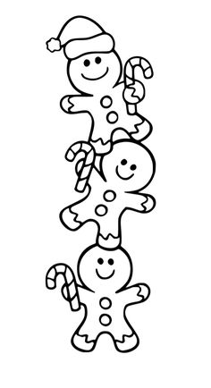 a black and white line drawing of three gingerbread men with candy canes in their hands