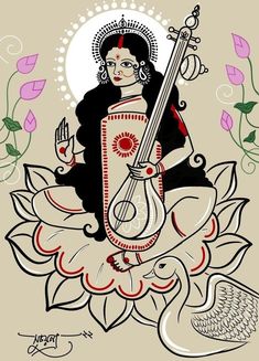 Saraswati Devi Illustration, Saraswati Illustration Art, Devi Saraswati Drawing, Saraswati Thakur Drawing, Swarasati Maa Drawing, Maa Saraswati Art, Saraswati Devi Painting, Saraswati Goddess Paintings Sketch, Saraswati Devi Art