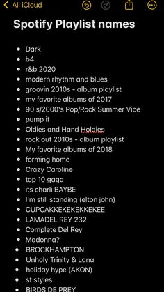 the spotify playlist names list is displayed on an iphone screen, and it's all in black