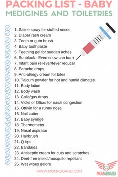 a list with the words packing list baby medicines and toliets written below it