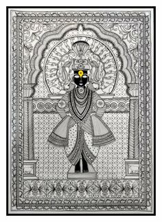 an intricately designed painting with black and white colors, depicting the face of buddha