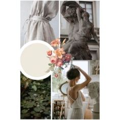 a collage of photos with flowers and an image of a woman in a dress